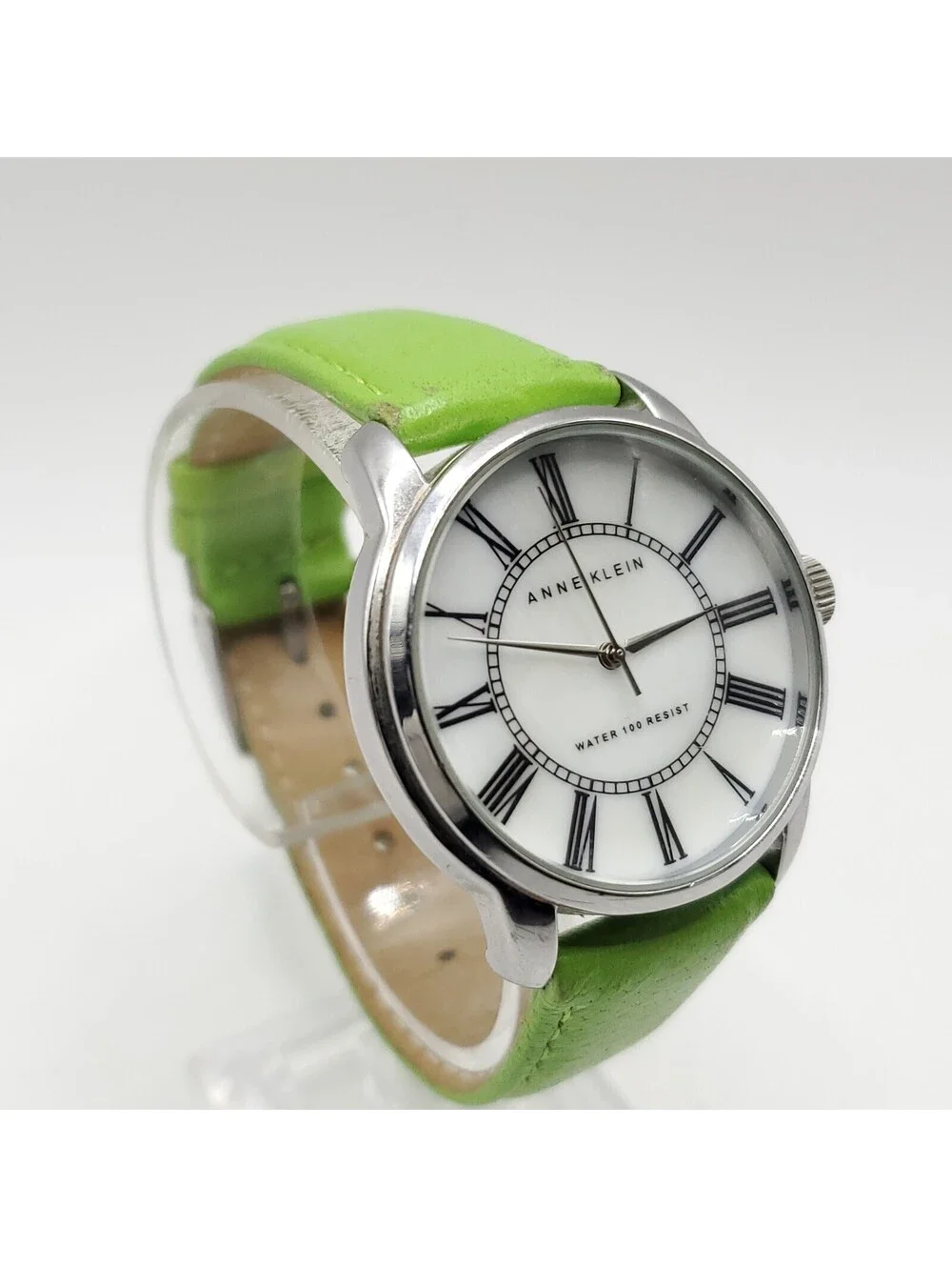 Anne Klein Women's Watch 36mm White Roman Numerals Dial Green Band New Battery